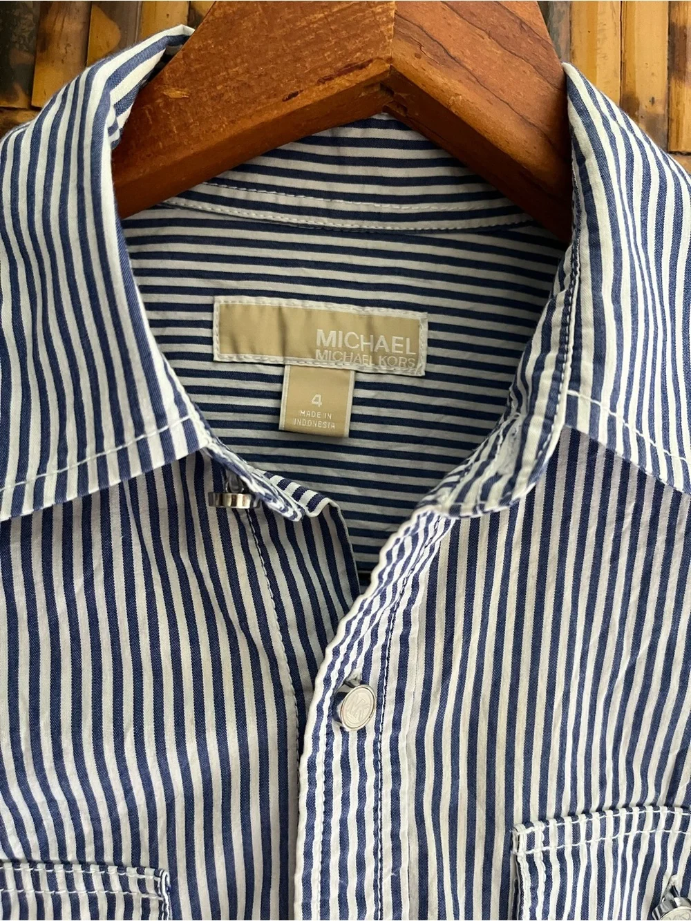 Women’s Navy and White Striped Button-Up Shirt - Classic Casual